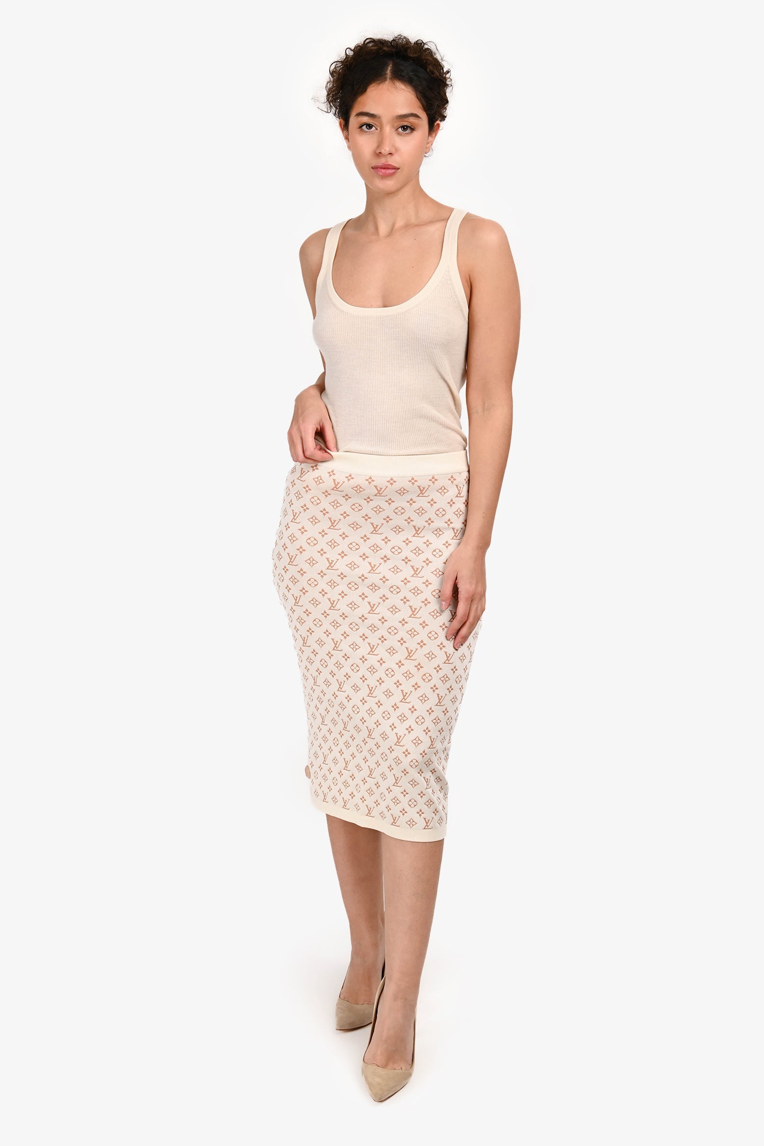 Louis Vuitton Cream/Tan Monogram Knit Midi Skirt Size XS