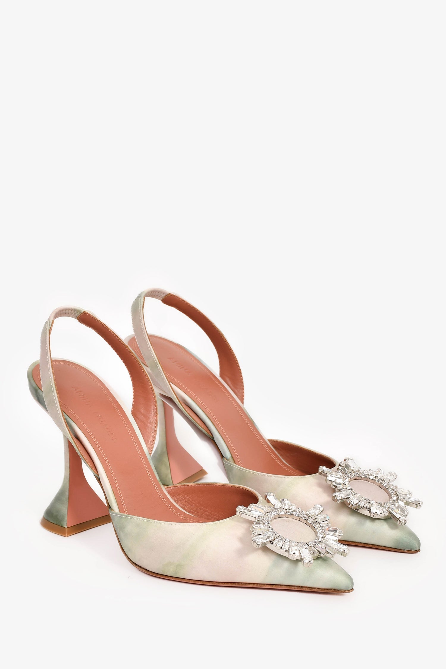 Amina Muaddi 2023 Green/Pink Satin Crystal Embellished Begum Sling Heels Size 35.5