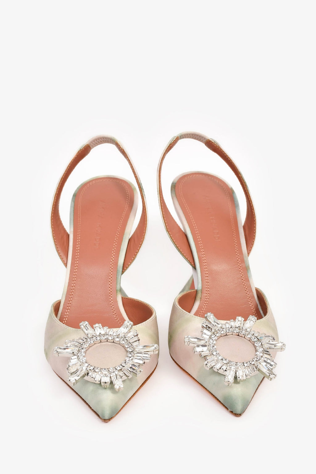 Amina Muaddi 2023 Green/Pink Satin Crystal Embellished Begum Sling Heels Size 35.5