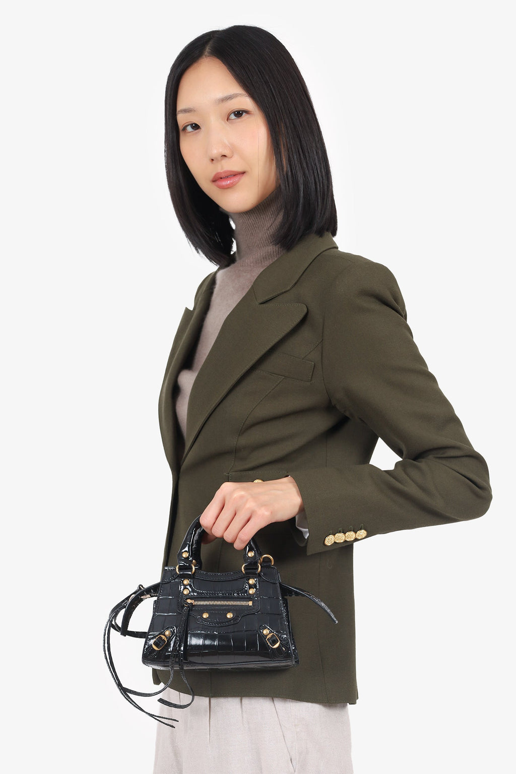 Balenciaga Black Croc Embossed Leather Mini Neo Classic Bag