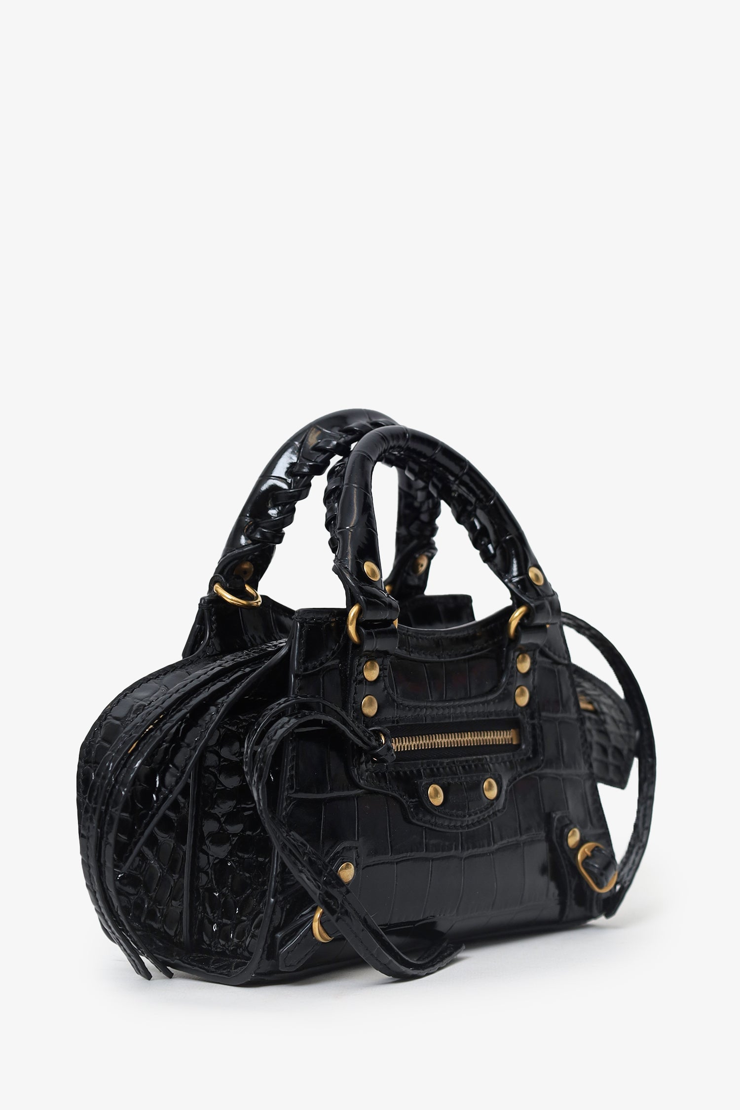 Balenciaga Black Croc Embossed Leather Mini Neo Classic Bag