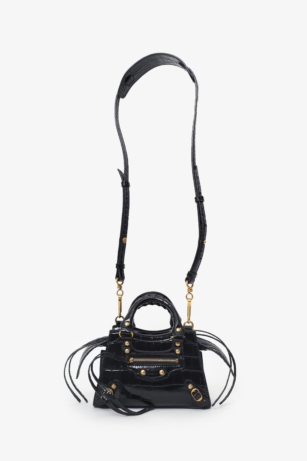 Balenciaga Black Croc Embossed Leather Mini Neo Classic Bag