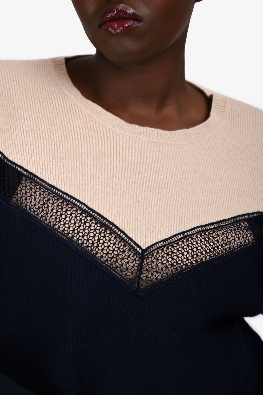 Stella McCartney Navy/Cream Cashmere/Wool Lace Detailed Sweater Size 40