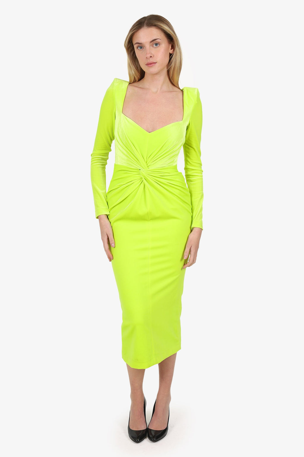 Alex Perry Neon Yellow Velvet Long Sleeve Ruched Dress Size 8