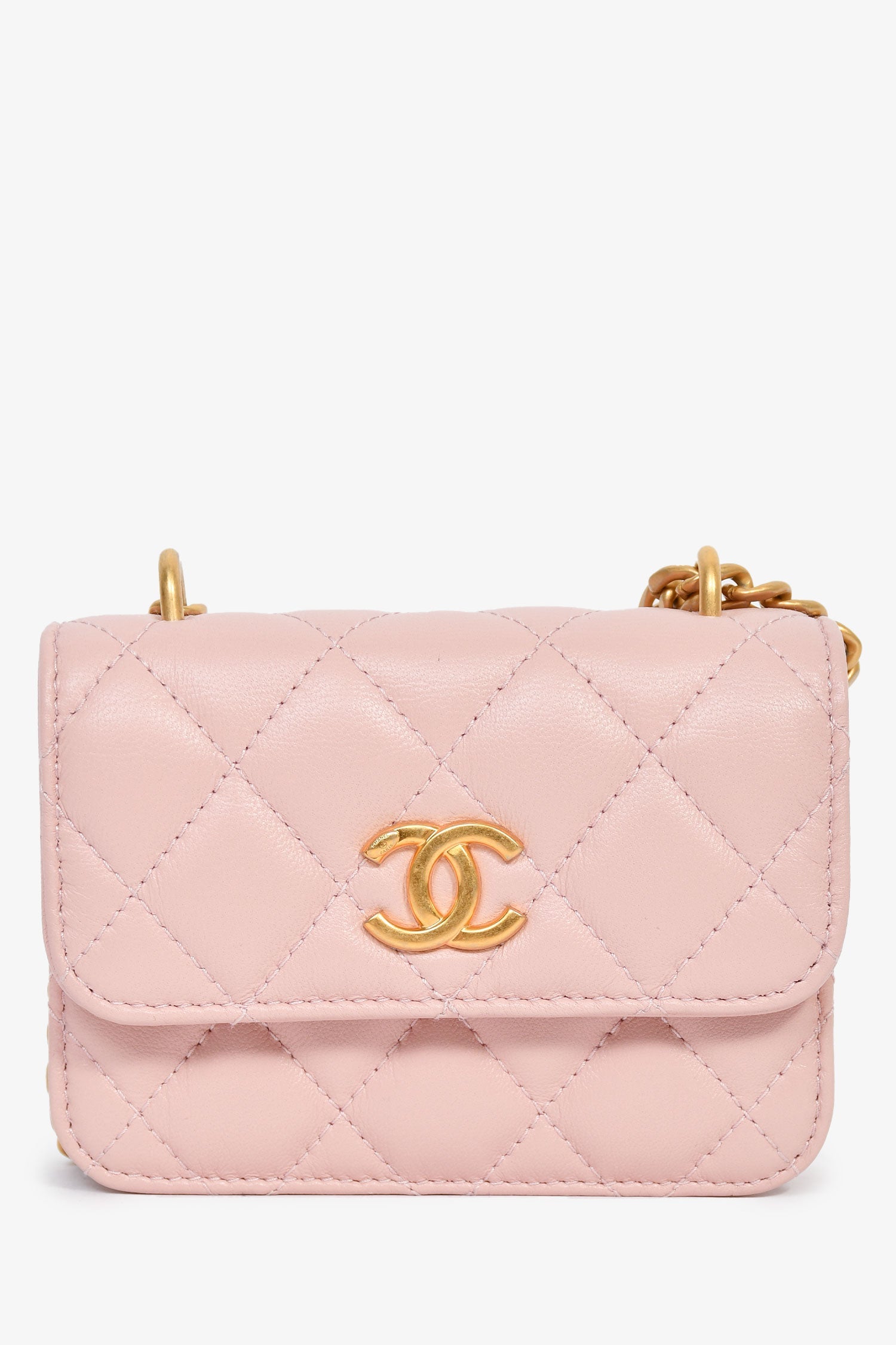 Pre-Loved Chanel™ 2021+ Pink Leather 'Pearl Crush' Mini Crossbody Bag