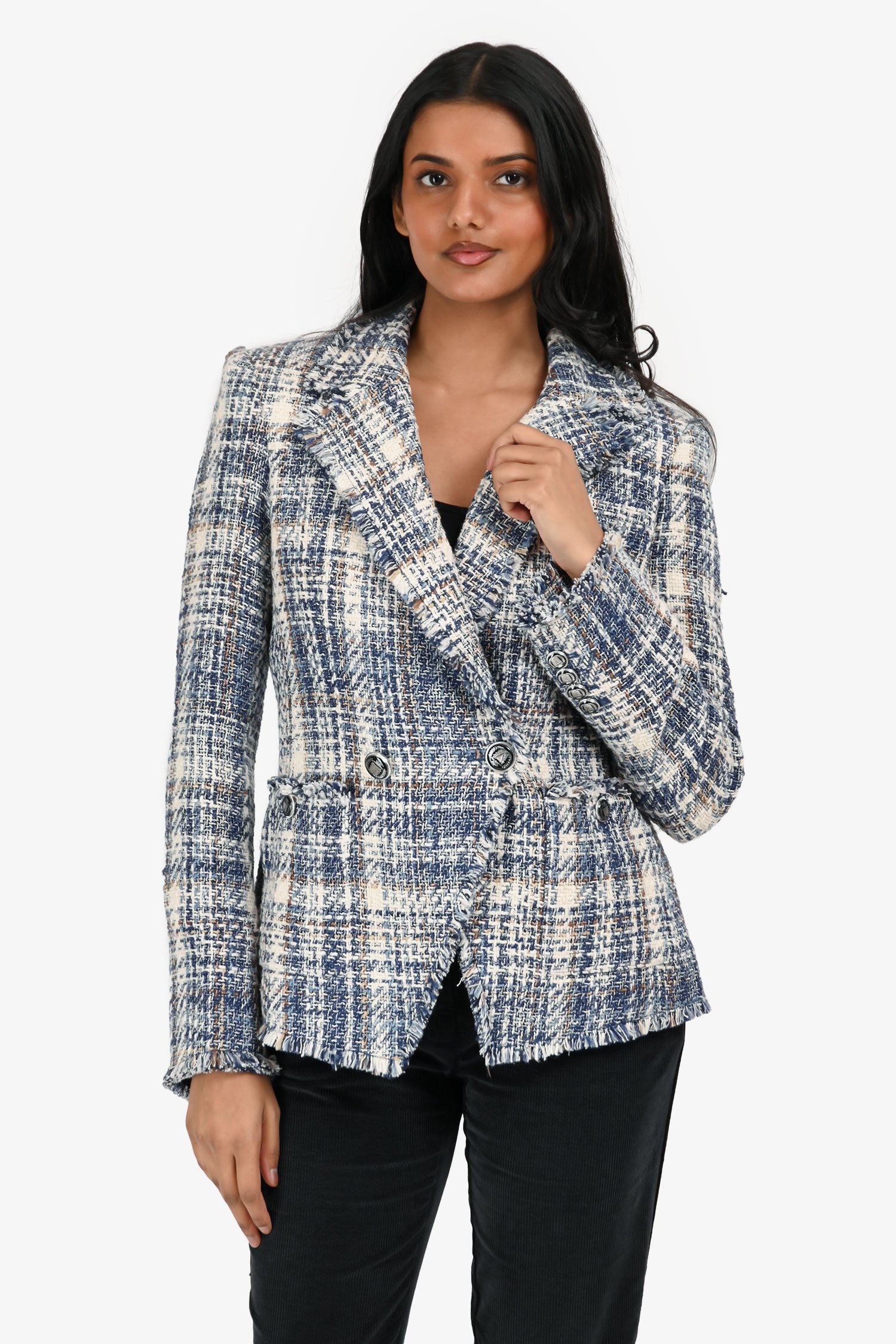 Veronica Beard Blue/Cream Cotton Tweed Raw Hem Double Breasted Blazer Size 0
