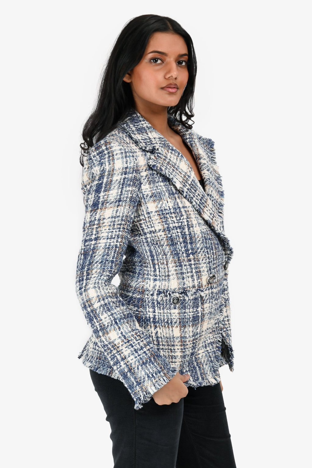 Veronica Beard Blue/Cream Cotton Tweed Raw Hem Double Breasted Blazer Size 0