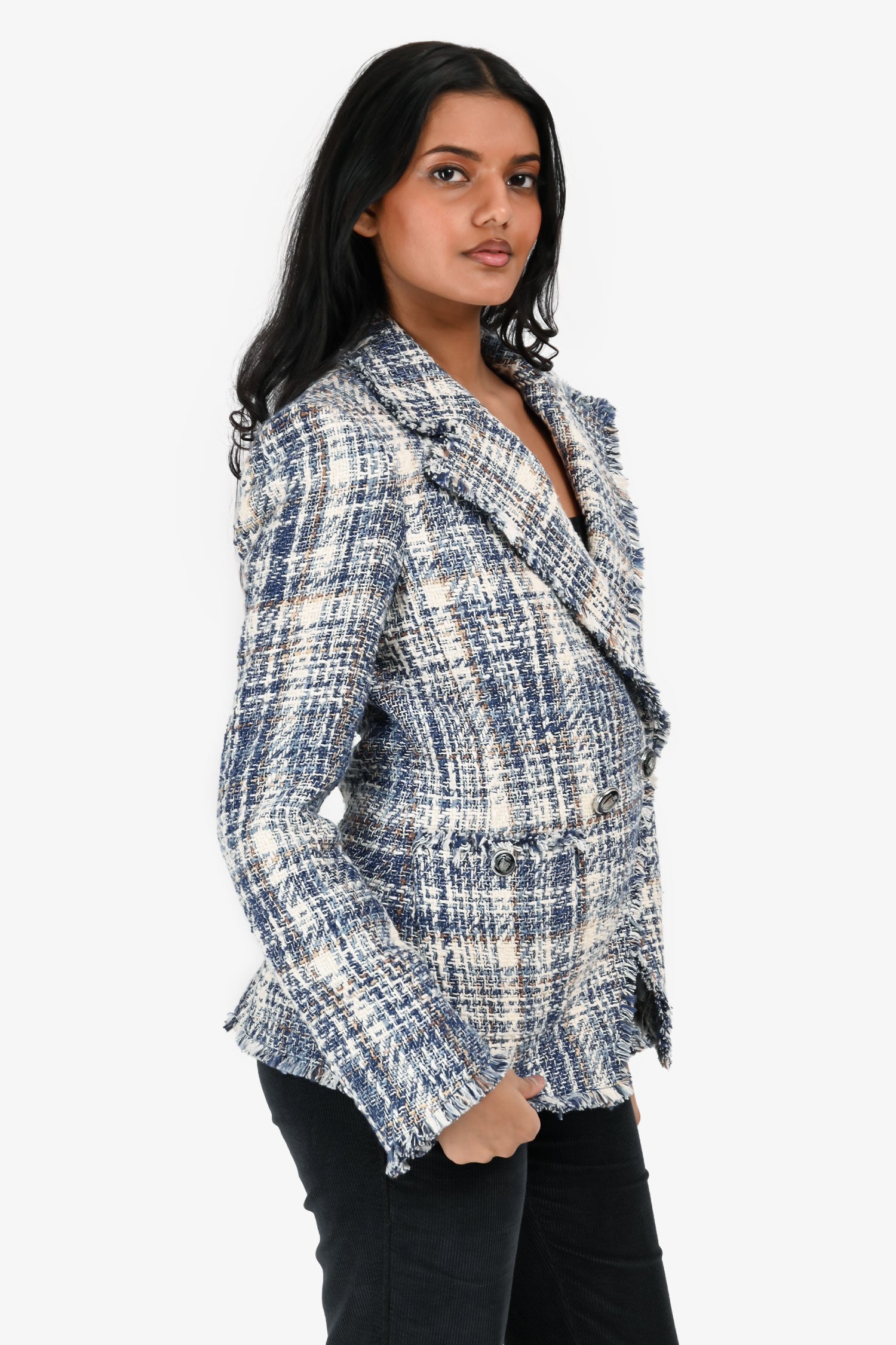 Veronica Beard Blue/Cream Cotton Tweed Raw Hem Double Breasted Blazer Size 0