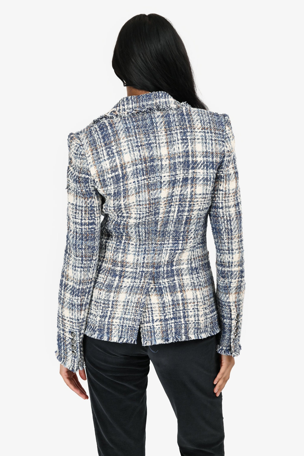 Veronica Beard Blue/Cream Cotton Tweed Raw Hem Double Breasted Blazer Size 0