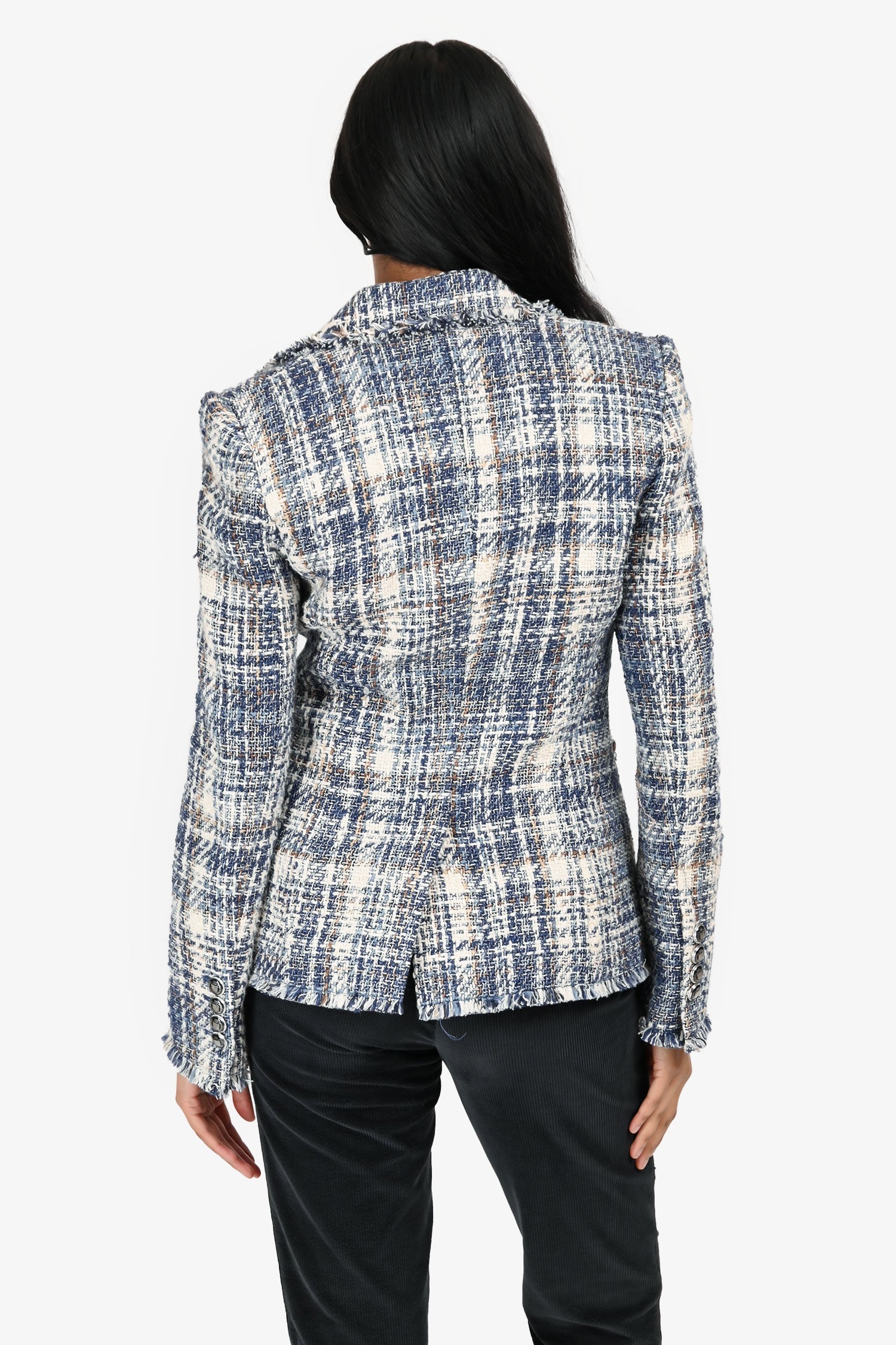 Veronica Beard Blue/Cream Cotton Tweed Raw Hem Double Breasted Blazer Size 0