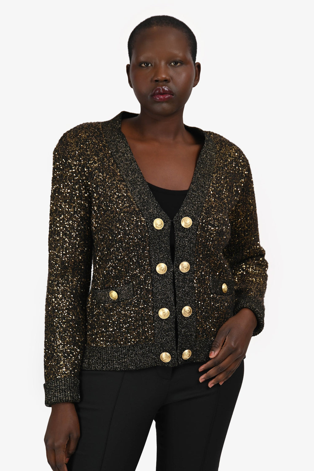 L'Agence Black/Gold Sequin Knit igan With Gold Buttons Size M