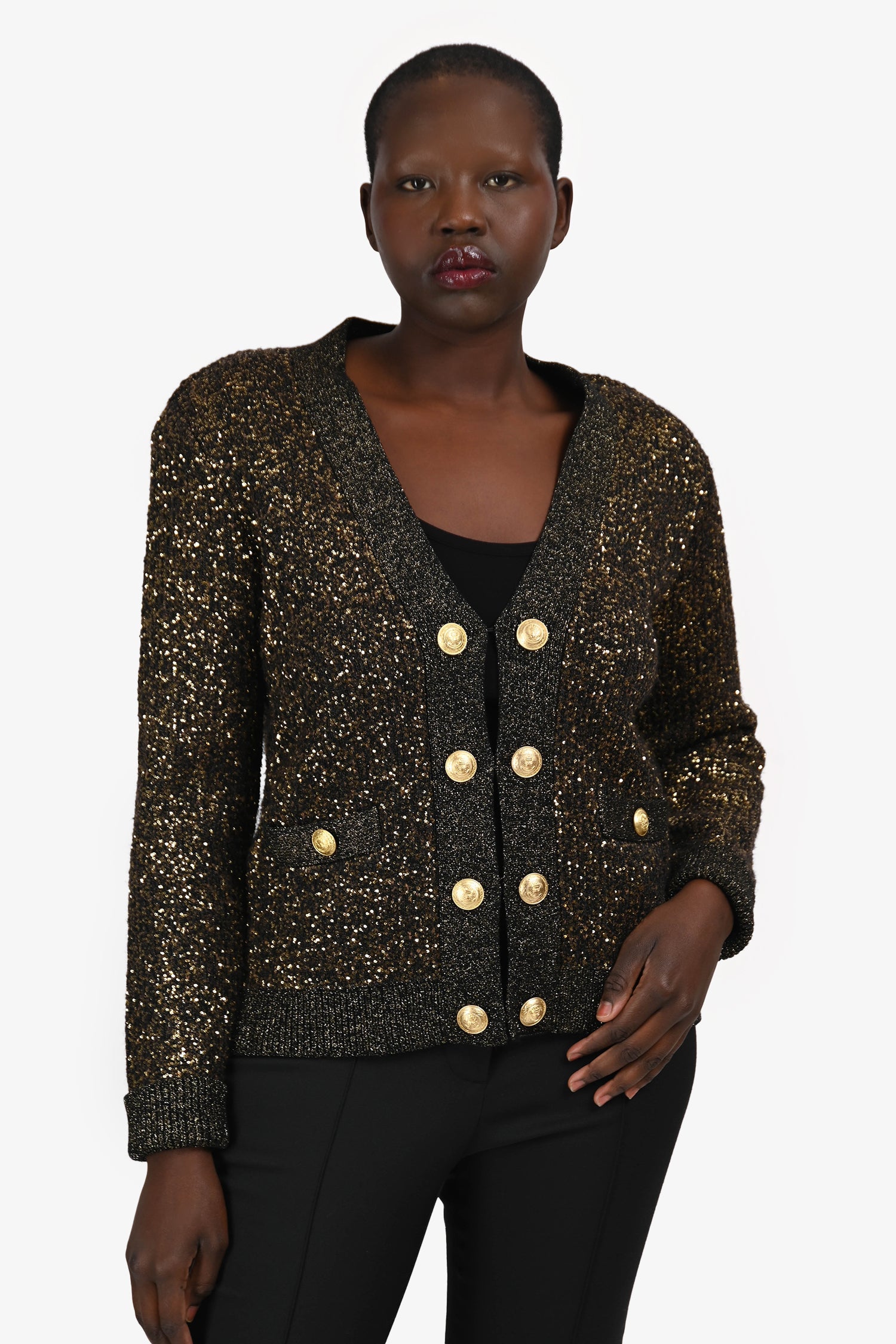 L'Agence Black/Gold Sequin Knit igan With Gold Buttons Size M