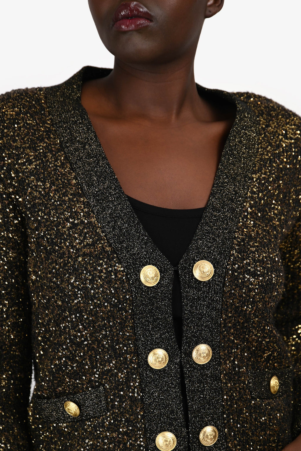 L'Agence Black/Gold Sequin Knit igan With Gold Buttons Size M