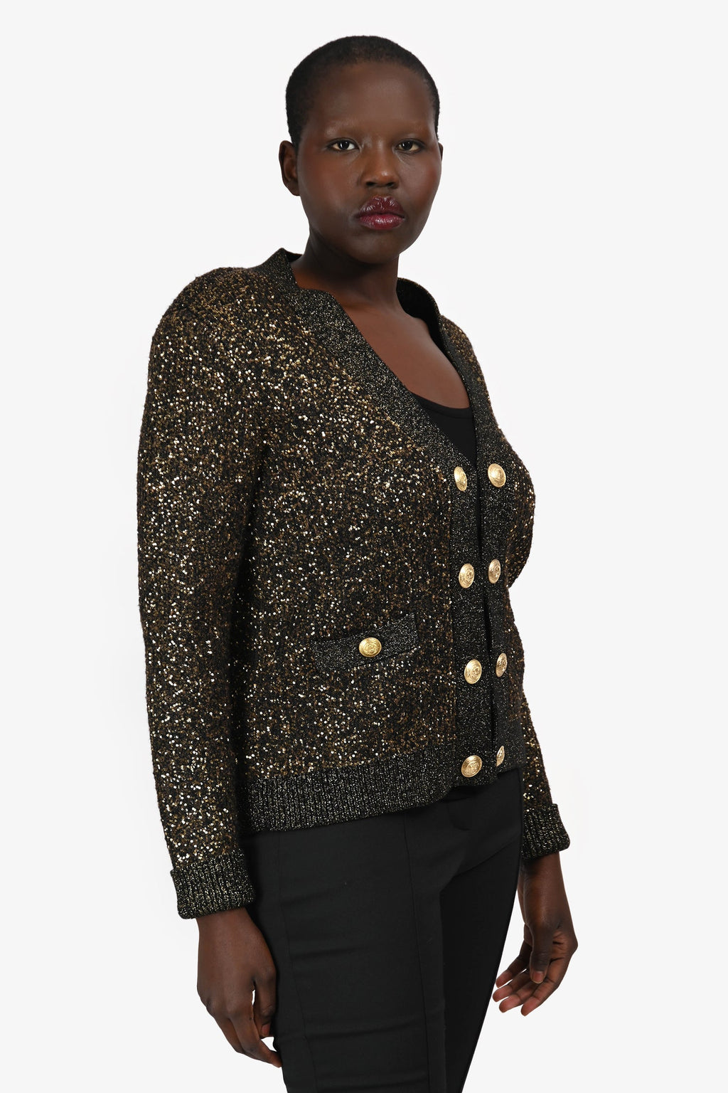 L'Agence Black/Gold Sequin Knit igan With Gold Buttons Size M