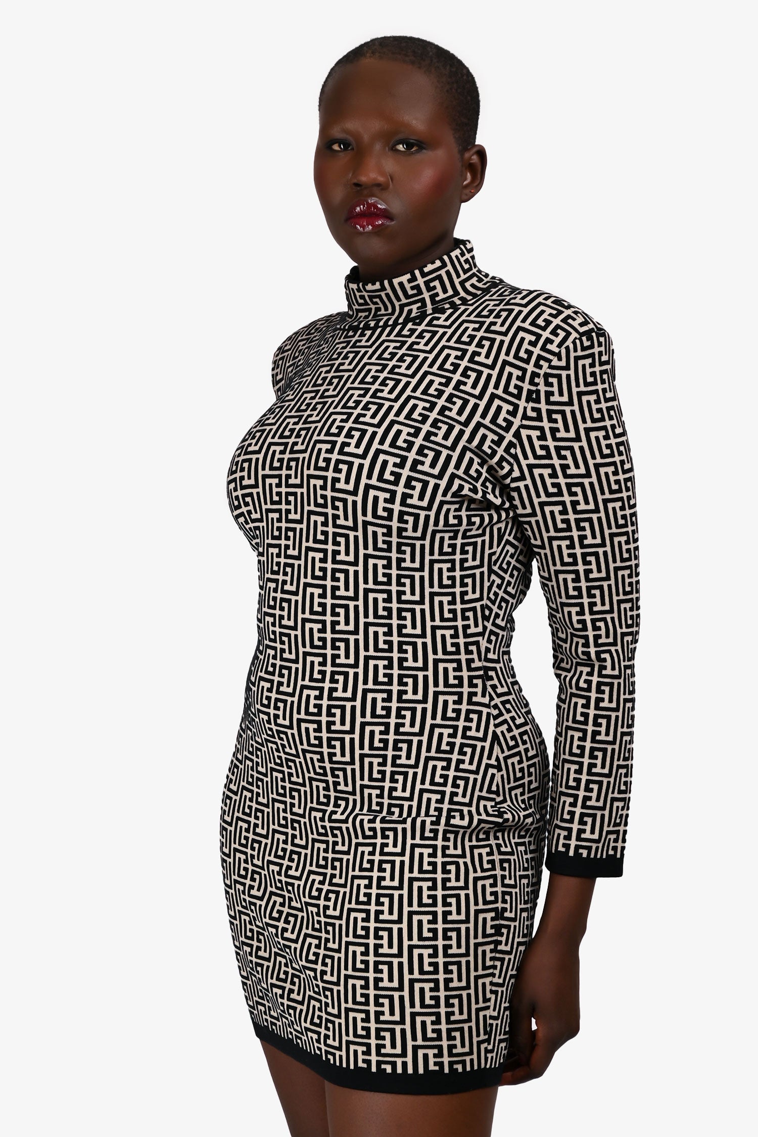 Balmain White/Black All-Over Logo Print Bodycon Dress Size 42