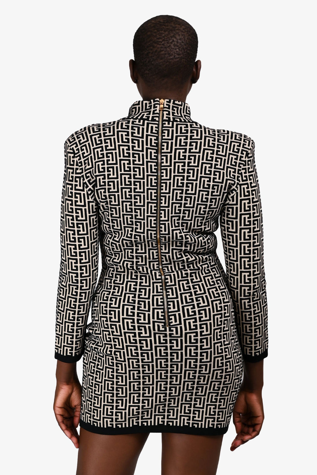 Balmain White/Black All-Over Logo Print Bodycon Dress Size 42