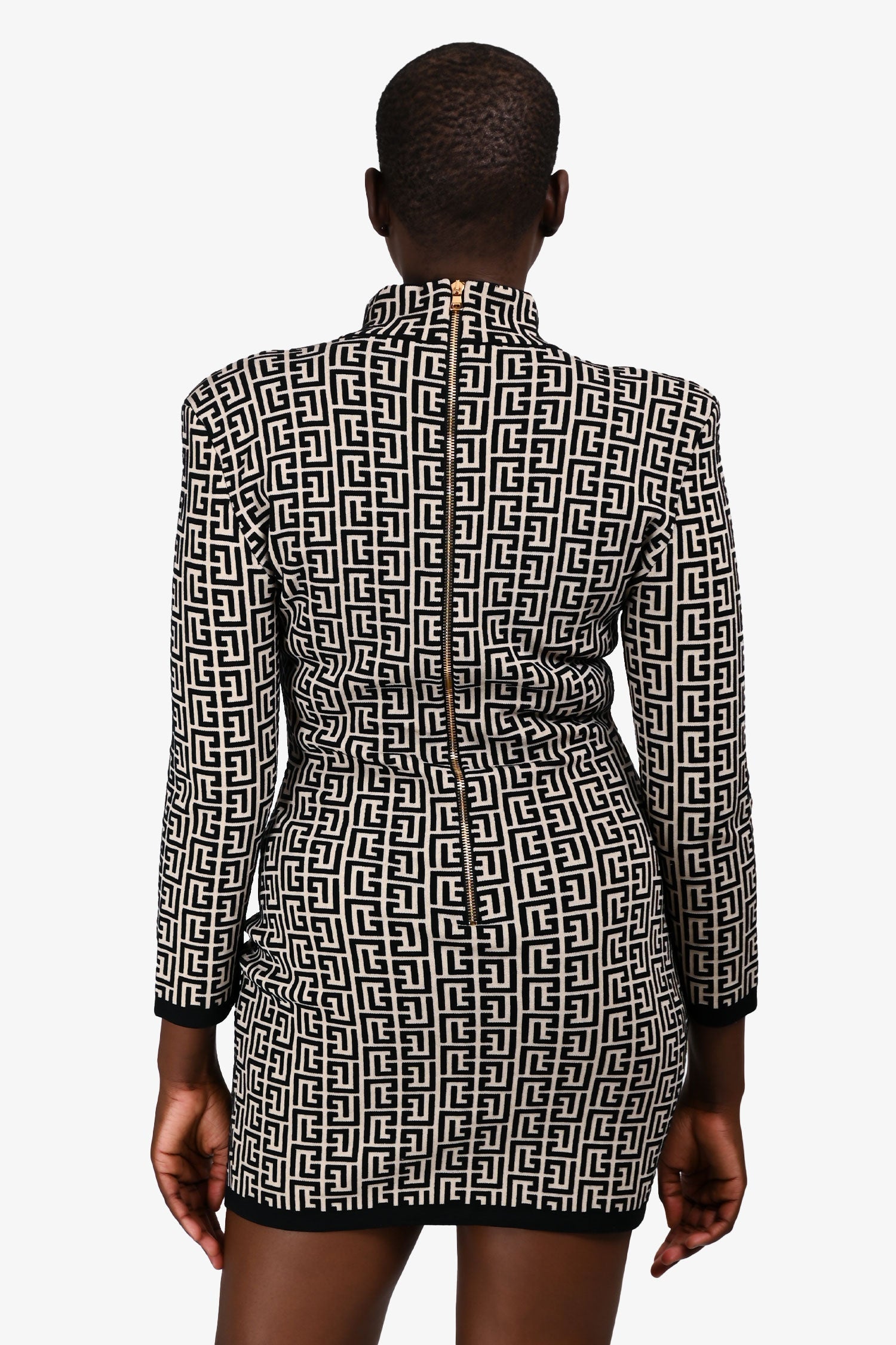 Balmain White/Black All-Over Logo Print Bodycon Dress Size 42