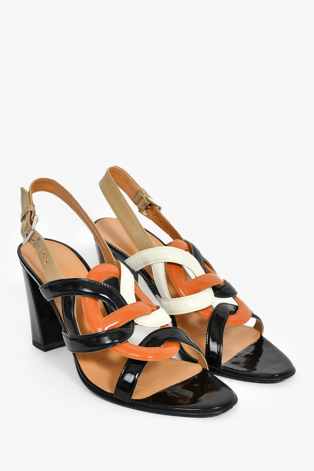 Hermès Black/Orange Patent 'Chain d'Ancre' Heeled Sandals Size 38