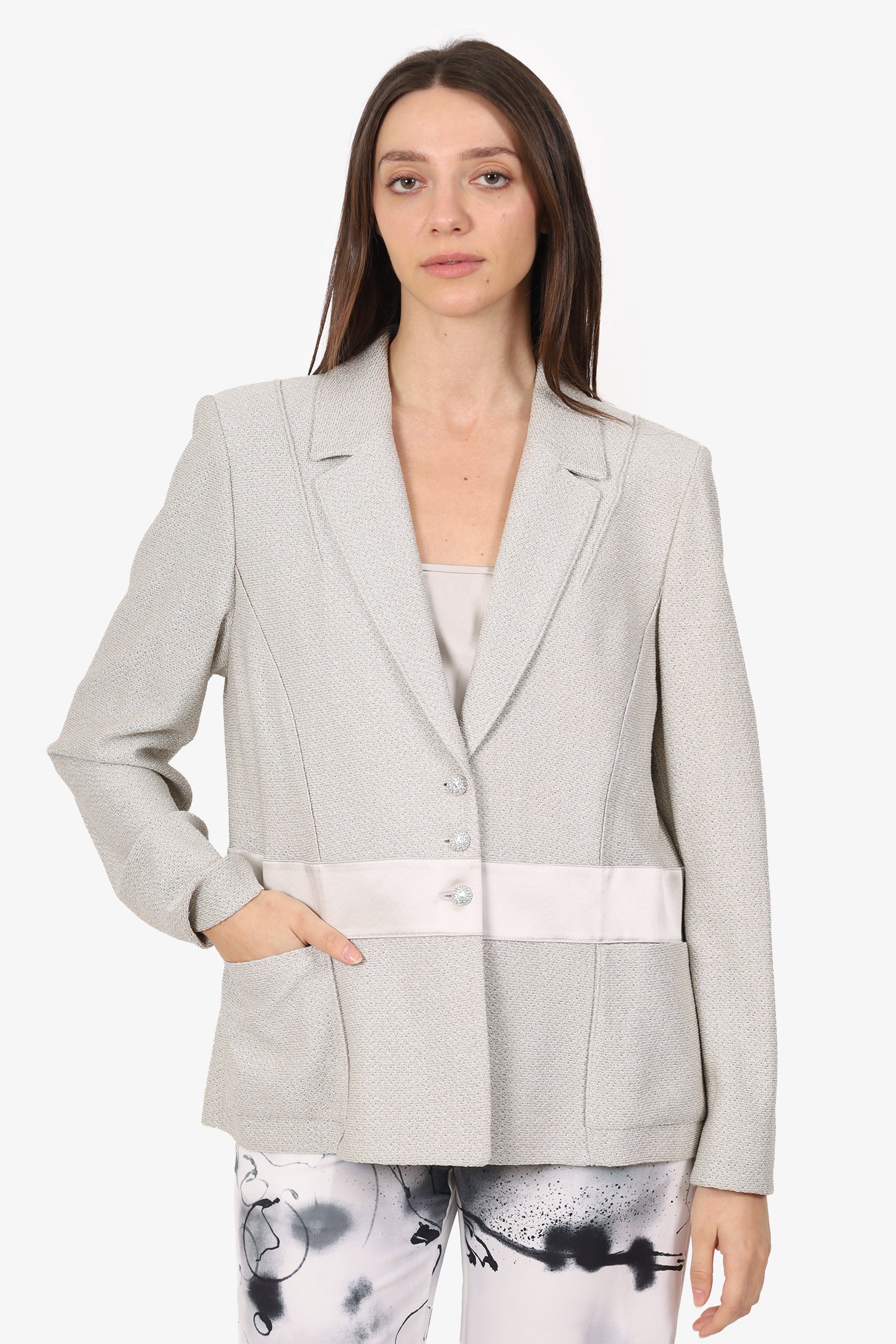 St. John Silver Metallic Crystal Button Blazer With Slip Size L