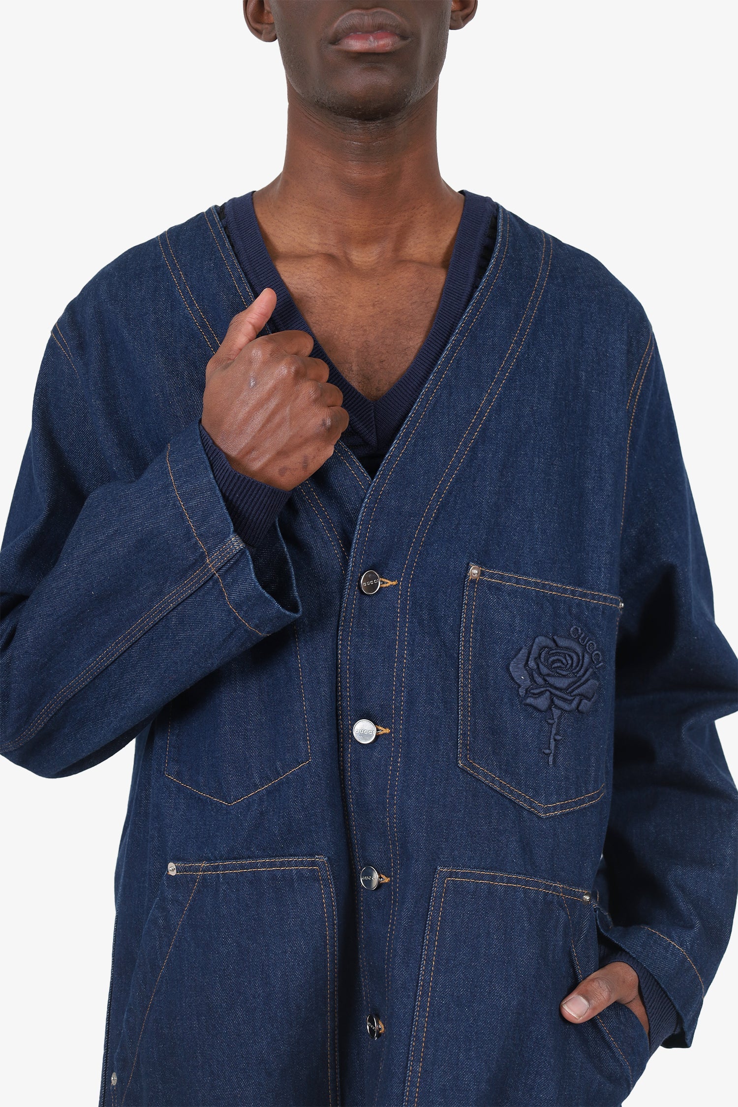 Gucci Blue Denim Rose Embroidery Kimono Jacket Size 56 Mens