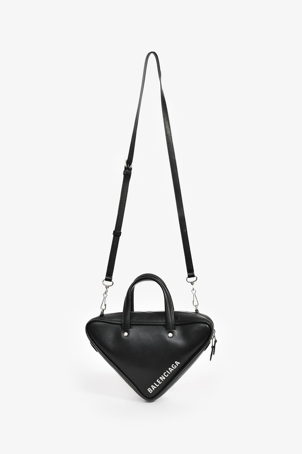 Balenciaga Black Leather Logo Triangle Top Handle Bag With Strap