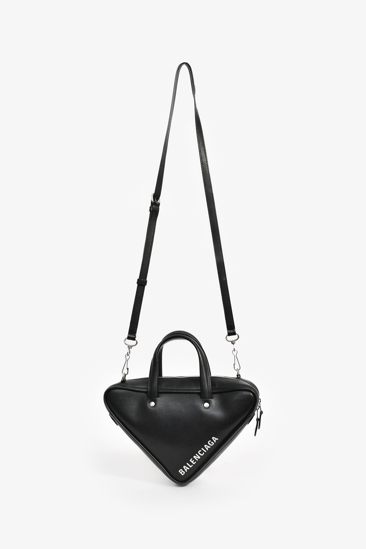Balenciaga Black Leather Logo Triangle Top Handle Bag With Strap