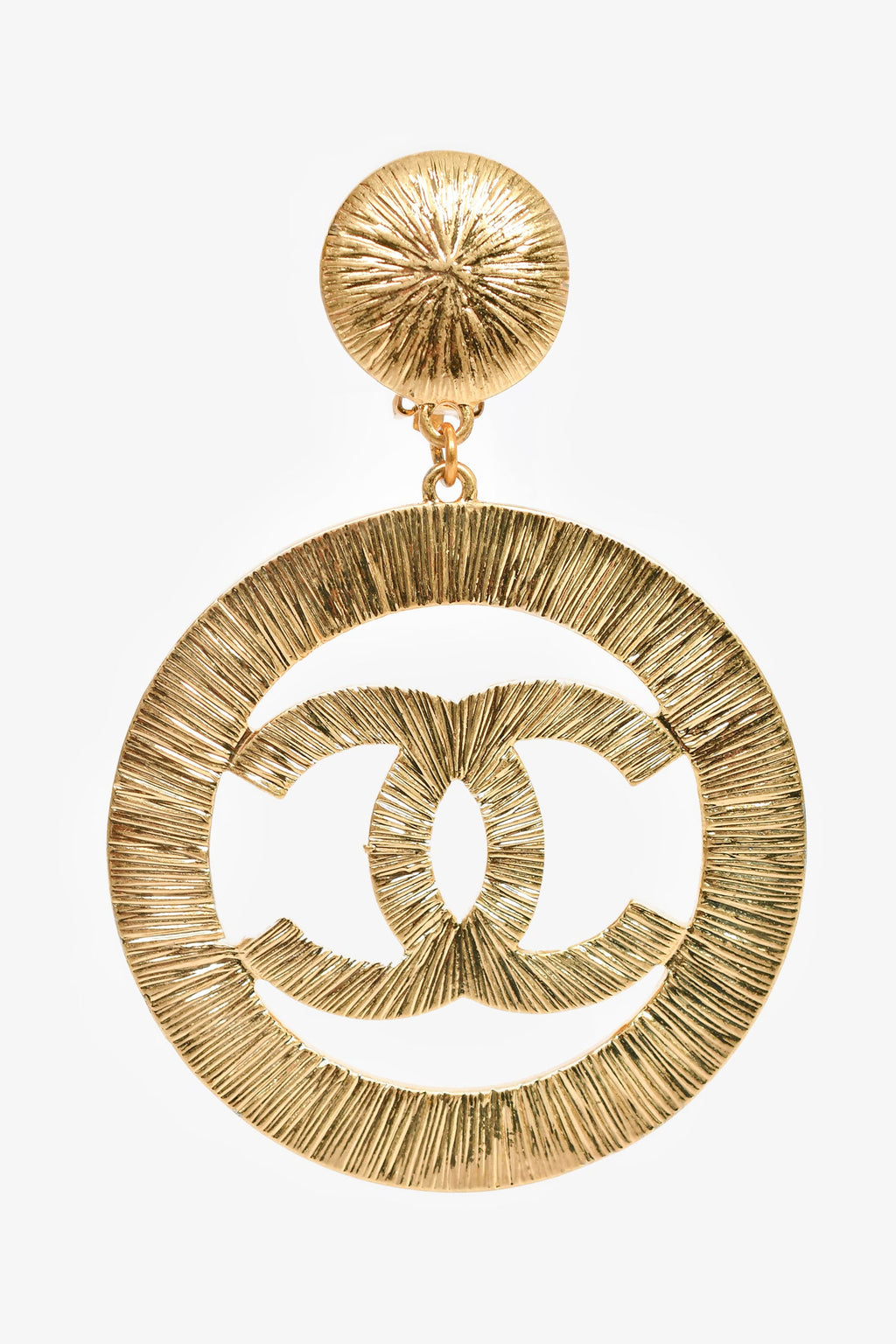 Pre-Loved ™ Chanel 1994 Gold Plated CC Dangle 'Sunburst' Clip On Earrings