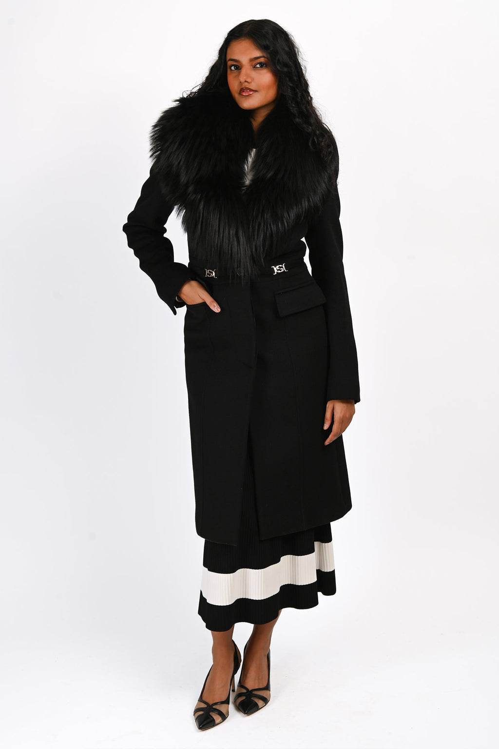 Gucci Black Wool Detachable Faux Fur Collar Midi Coat Size 38