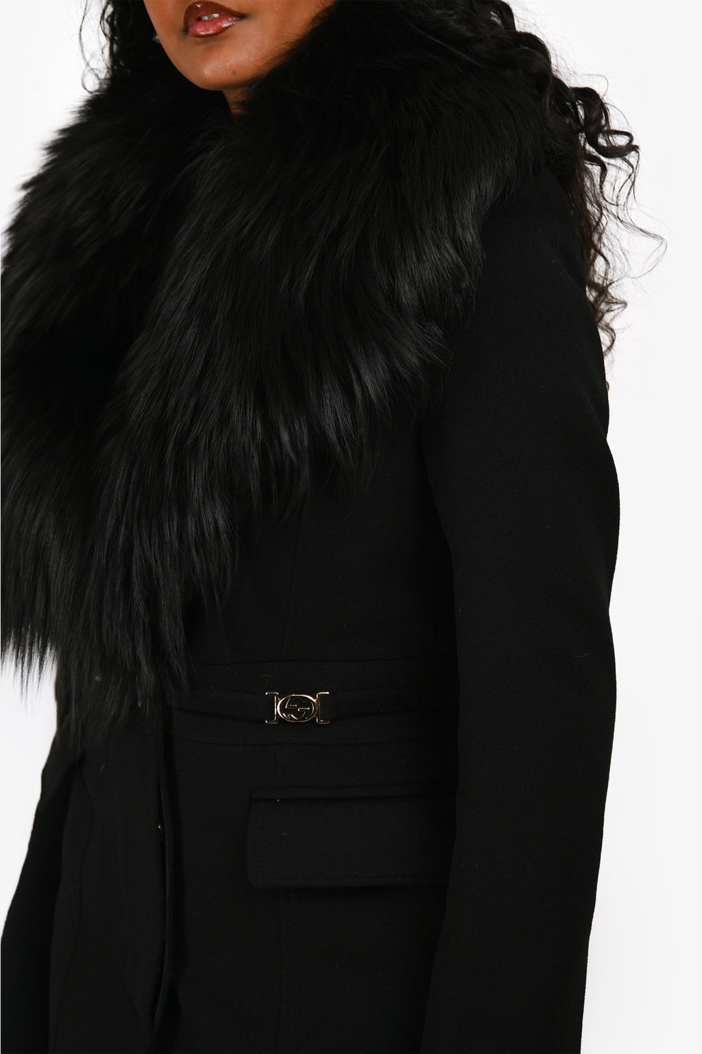 Gucci Black Wool Detachable Faux Fur Collar Midi Coat Size 38