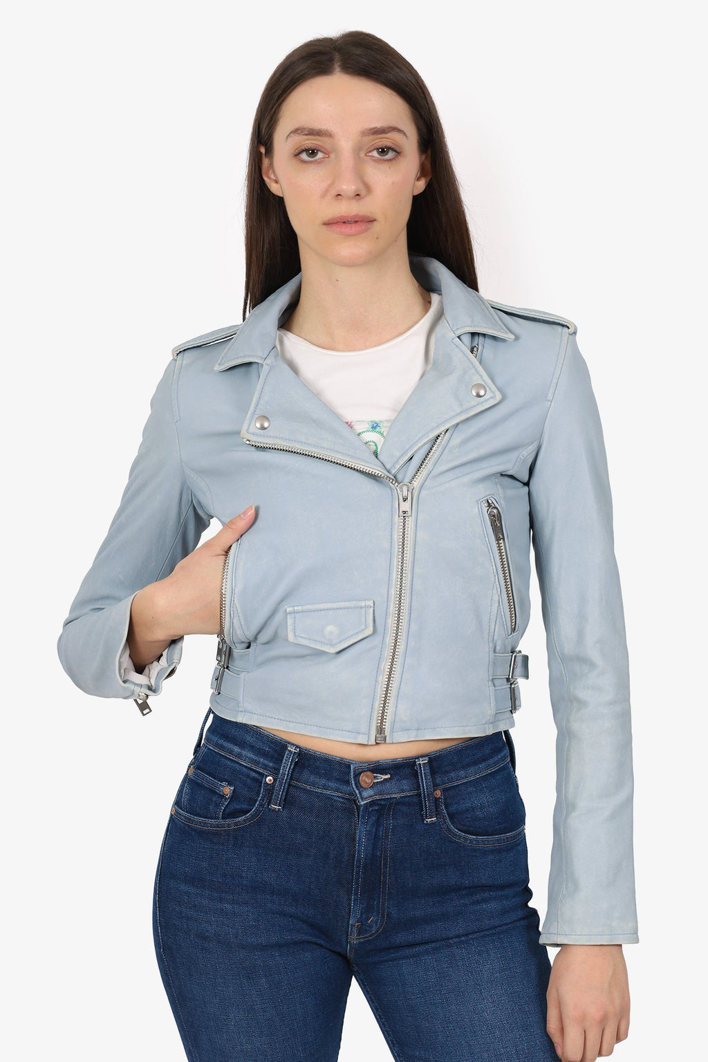 Iro Blue Aged Leather Biker Jacket Size 38