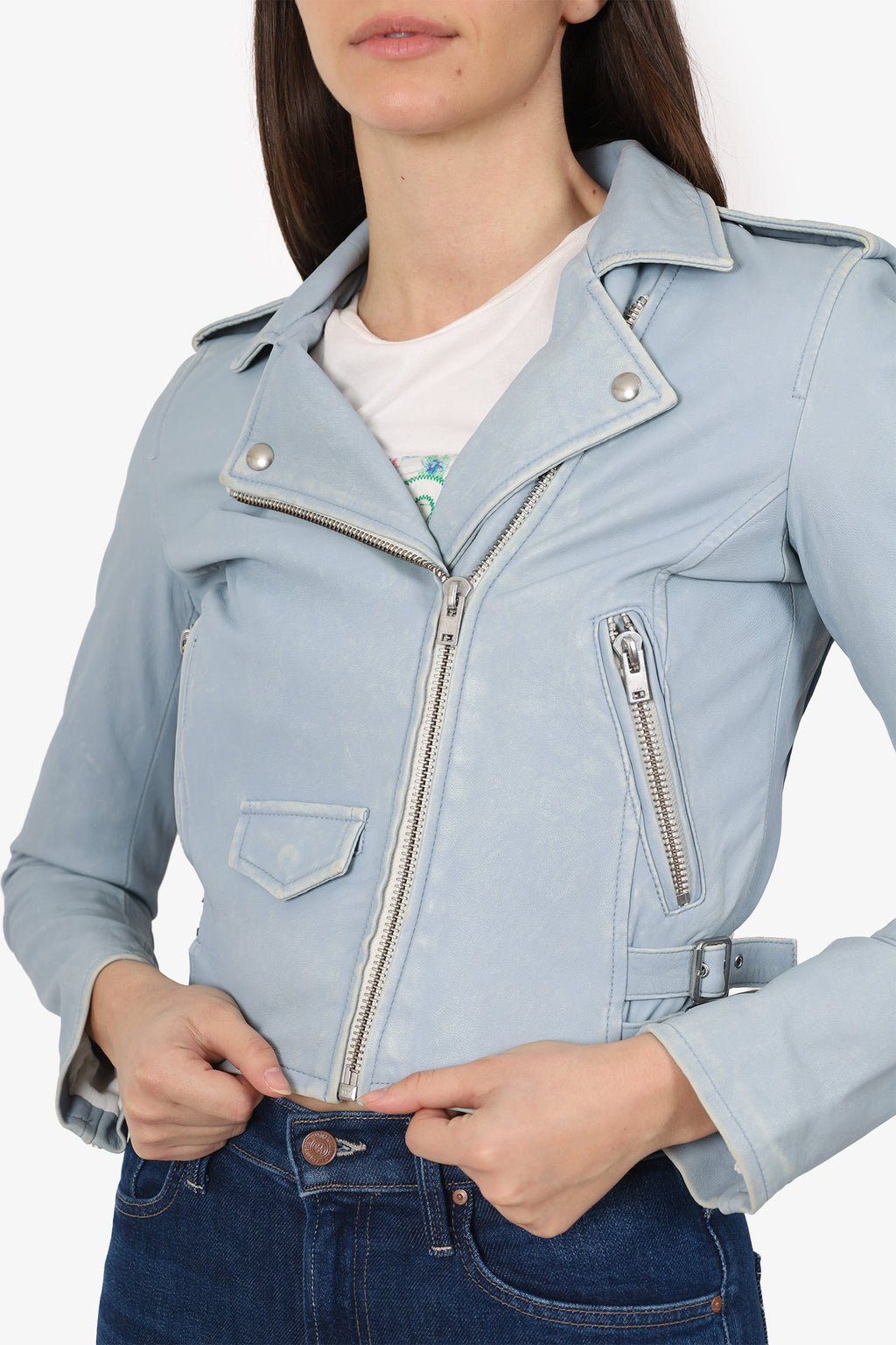 Iro Blue Aged Leather Biker Jacket Size 38