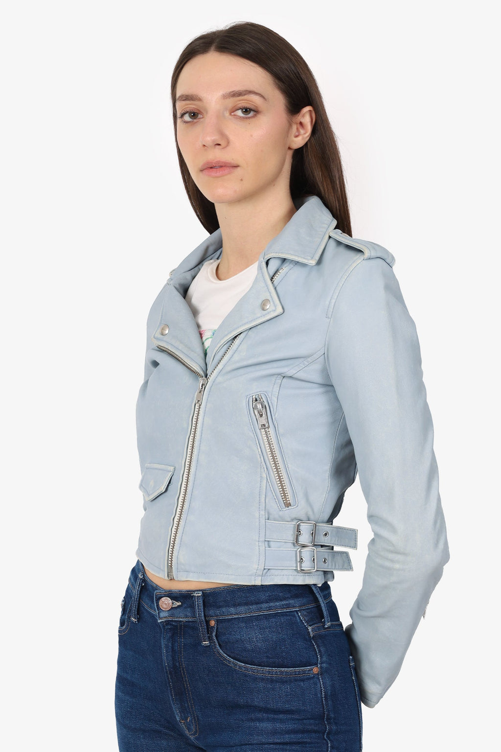 Iro Blue Aged Leather Biker Jacket Size 38