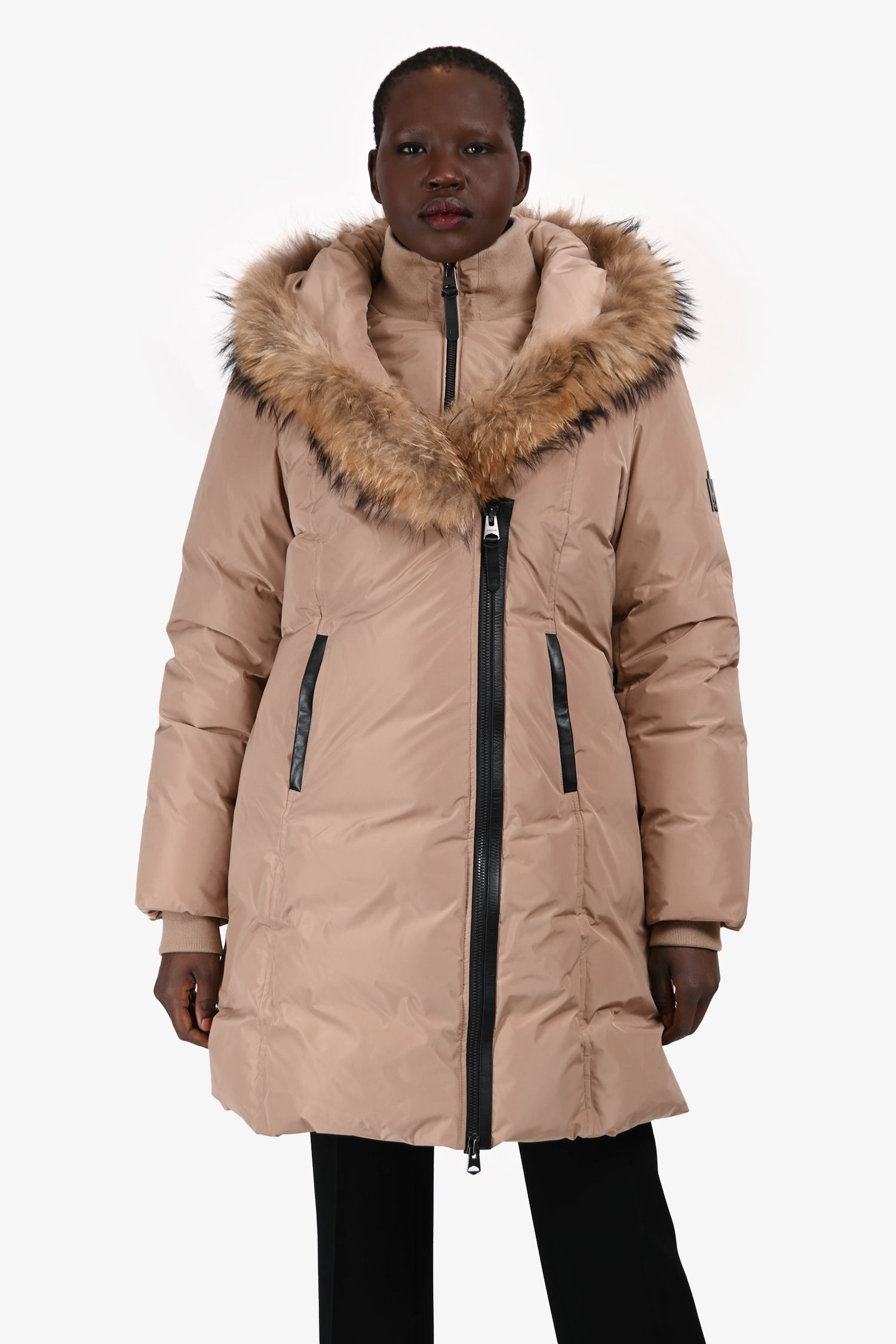 Mackage Beige Fur Trim Hooded Belted Down Coat Size XL