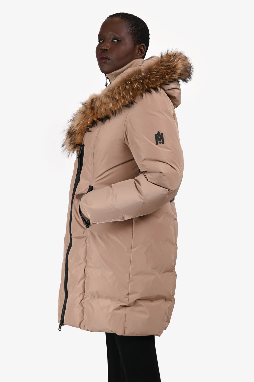 Mackage Beige Fur Trim Hooded Belted Down Coat Size XL