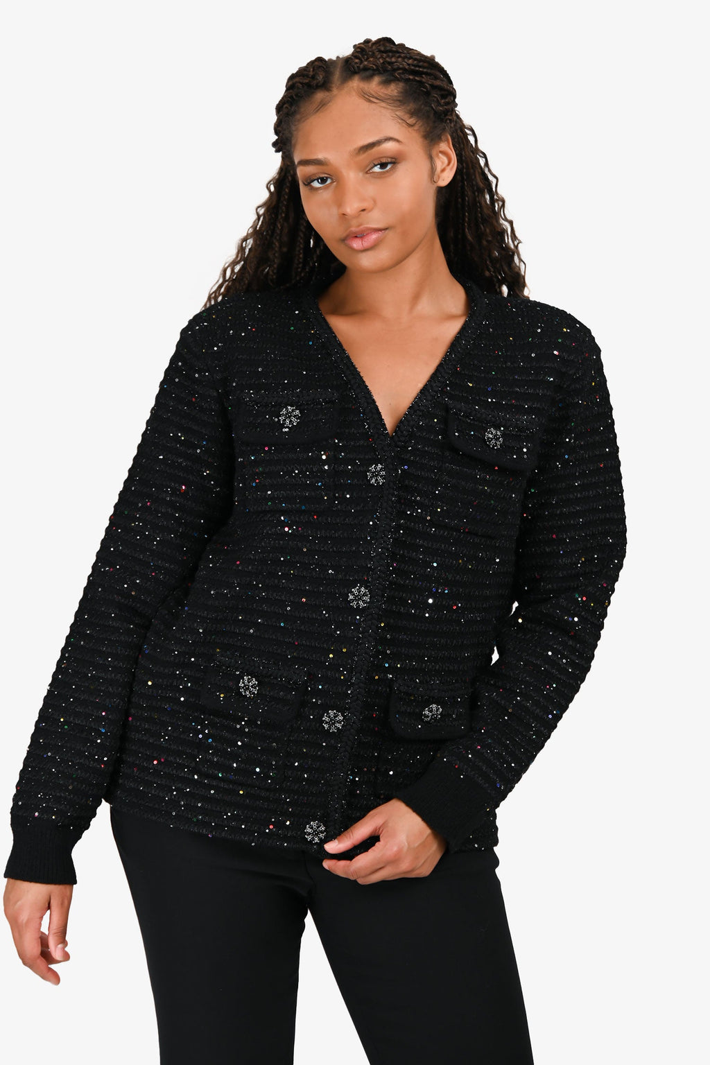 Self-Portrait Black Sequin Embellished Pocket Detail igan Size L