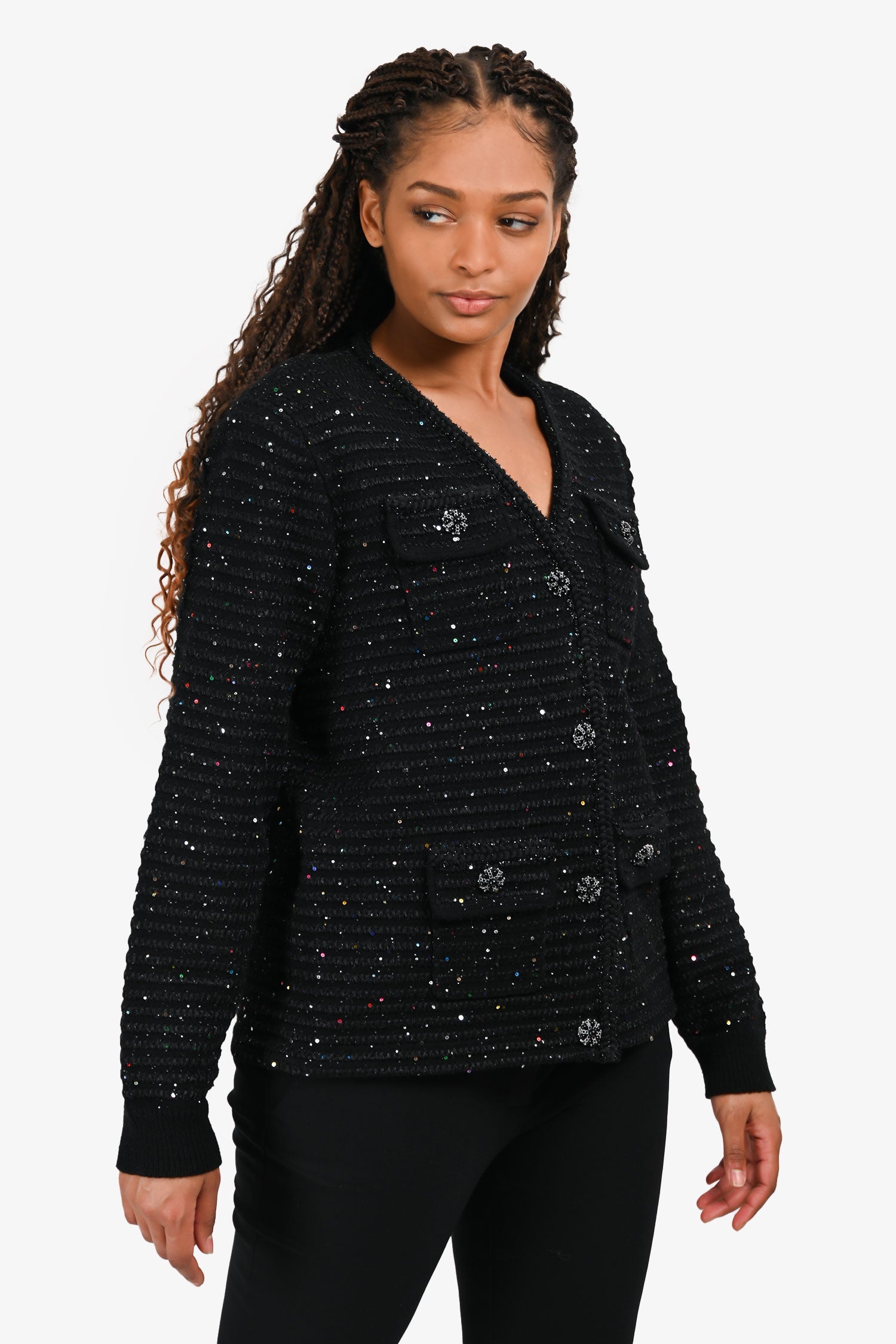 Self-Portrait Black Sequin Embellished Pocket Detail igan Size L