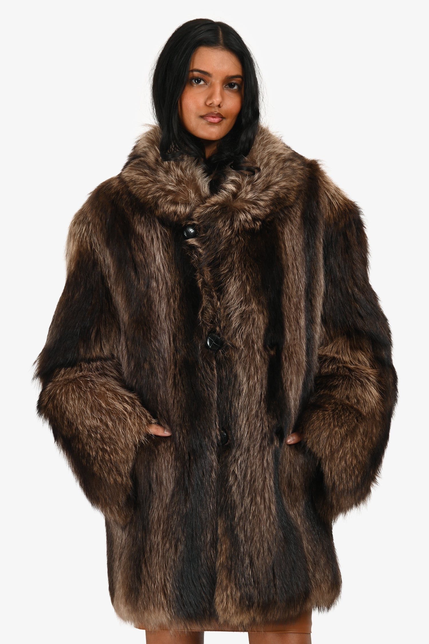Vintage Raccoon Fur Brown Midi Coat Size M/L