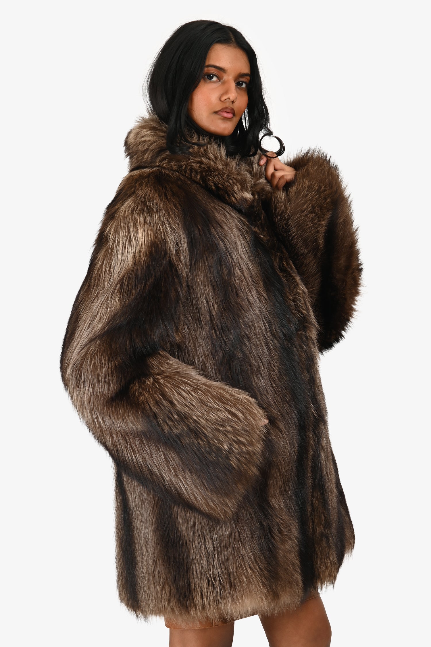 Vintage Raccoon Fur Brown Midi Coat Size M/L