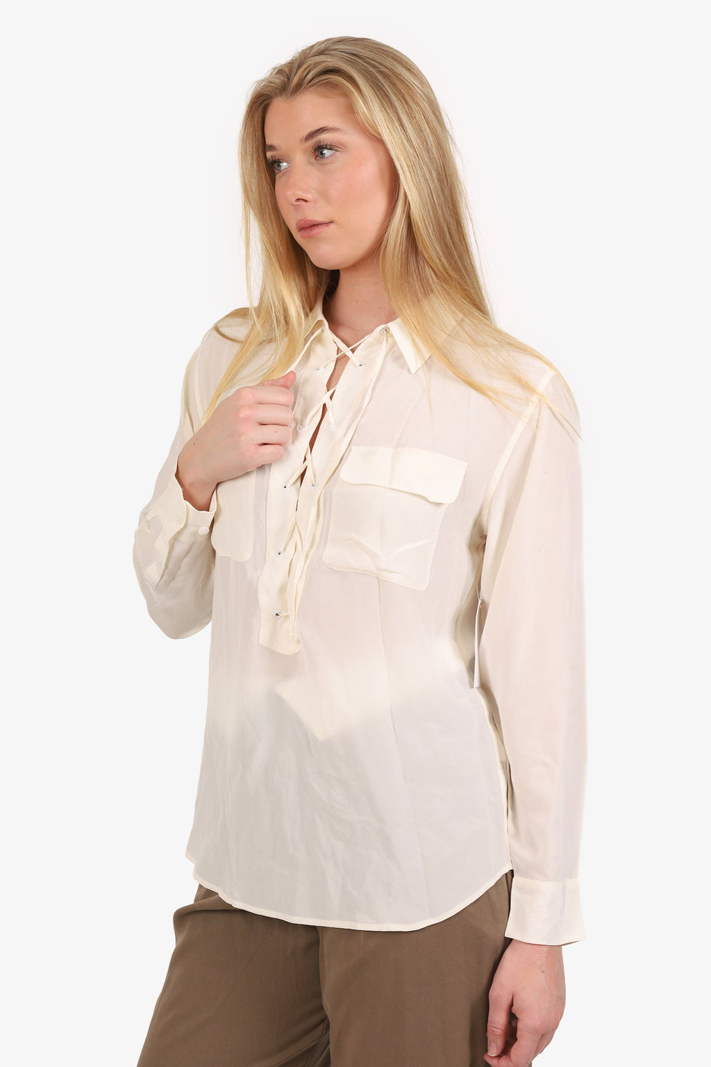 Equipment Cream Silk Lace-up Detail Blouse Size S