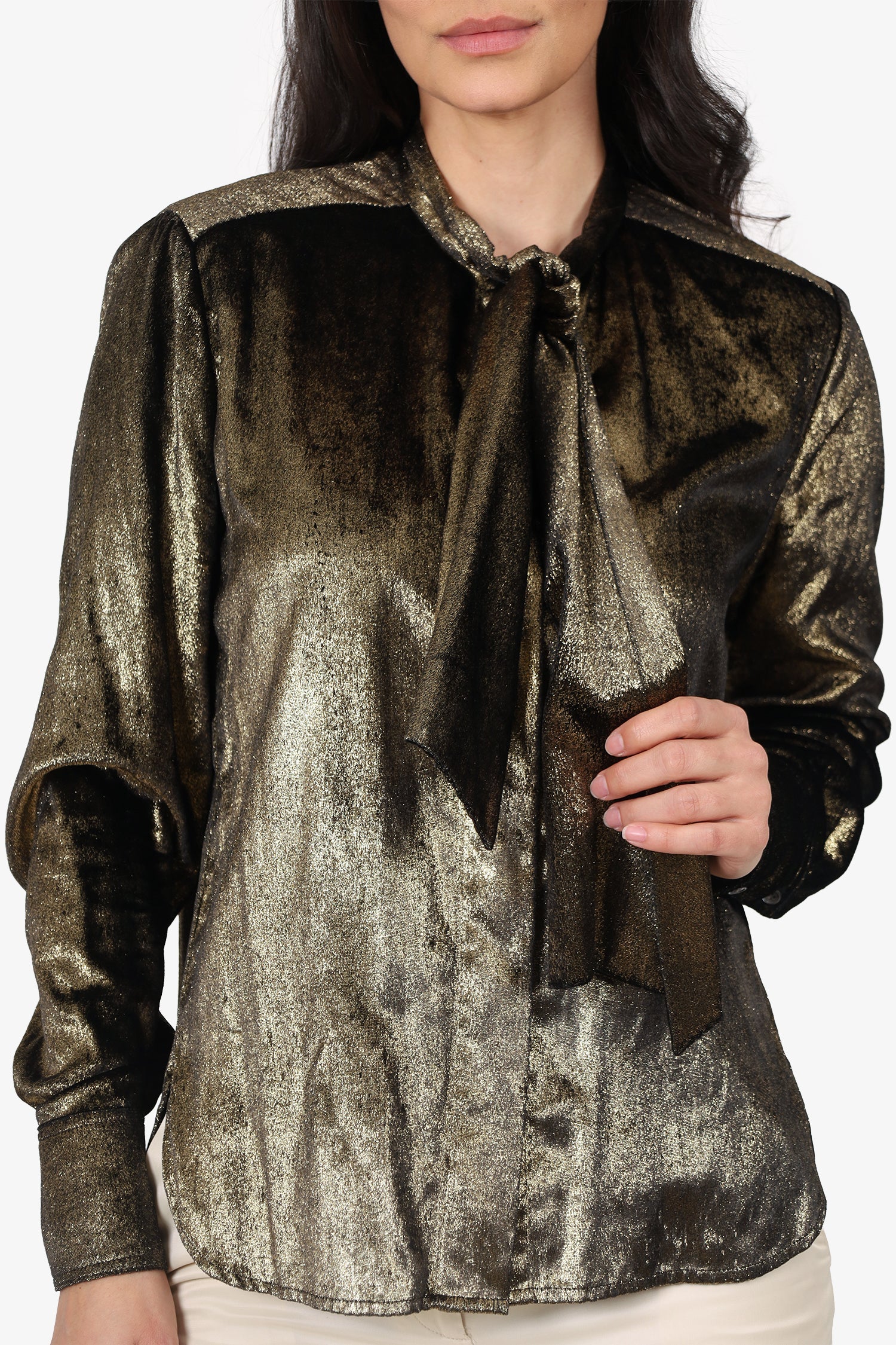 Frame Gold Metallic Tie Front Blouse Size S