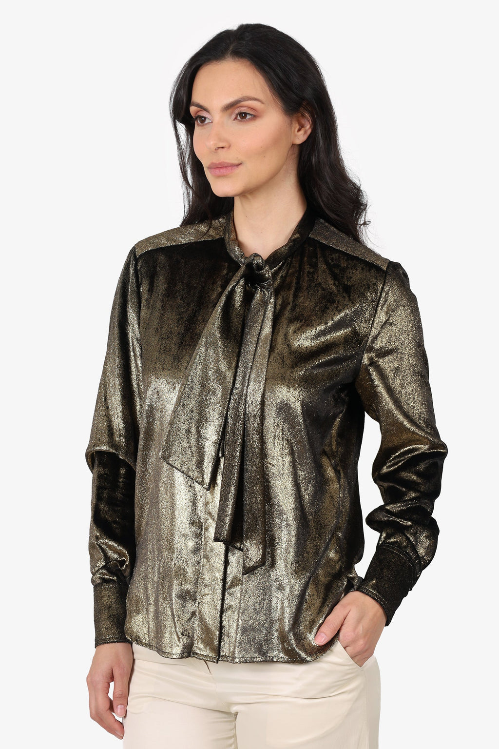Frame Gold Metallic Tie Front Blouse Size S