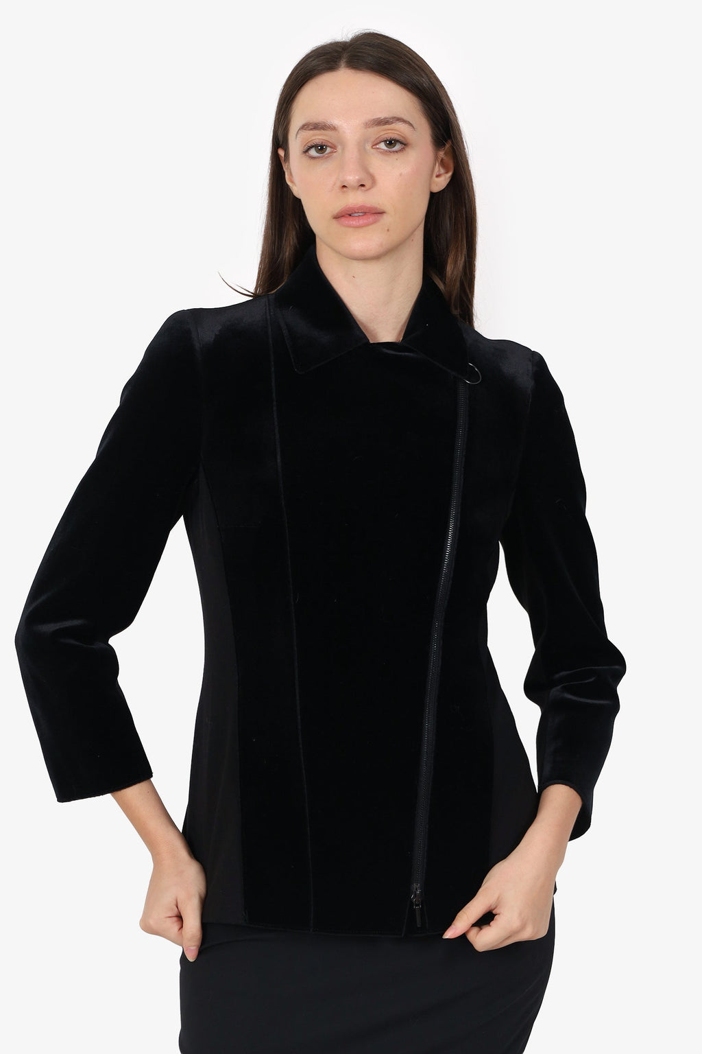 Akris Punto Black Velvet & Jersey Biker Moto Jacket Size 6