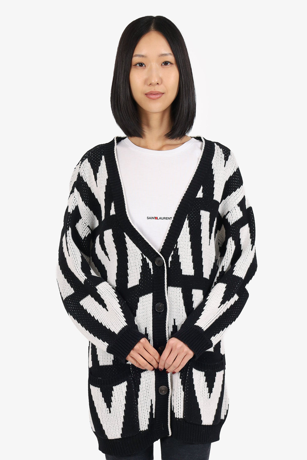 Valentino Black/White Logo Print Knit igan Size S