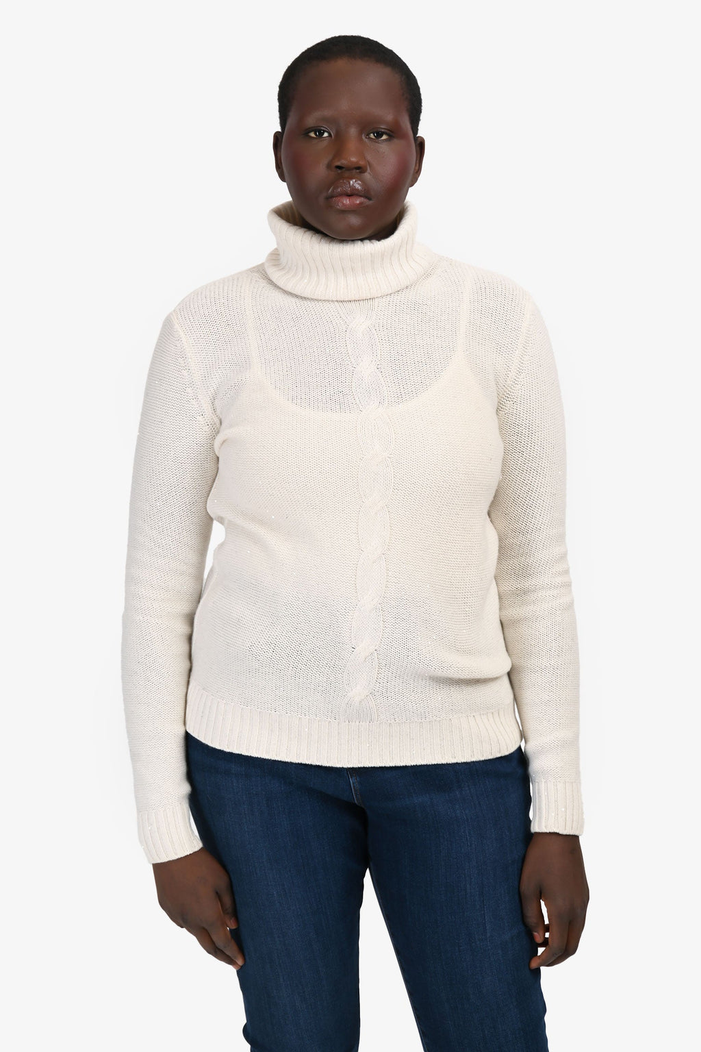 Loro Piana Cream Cashmere Sequin Turtleneck Sweater Size 44