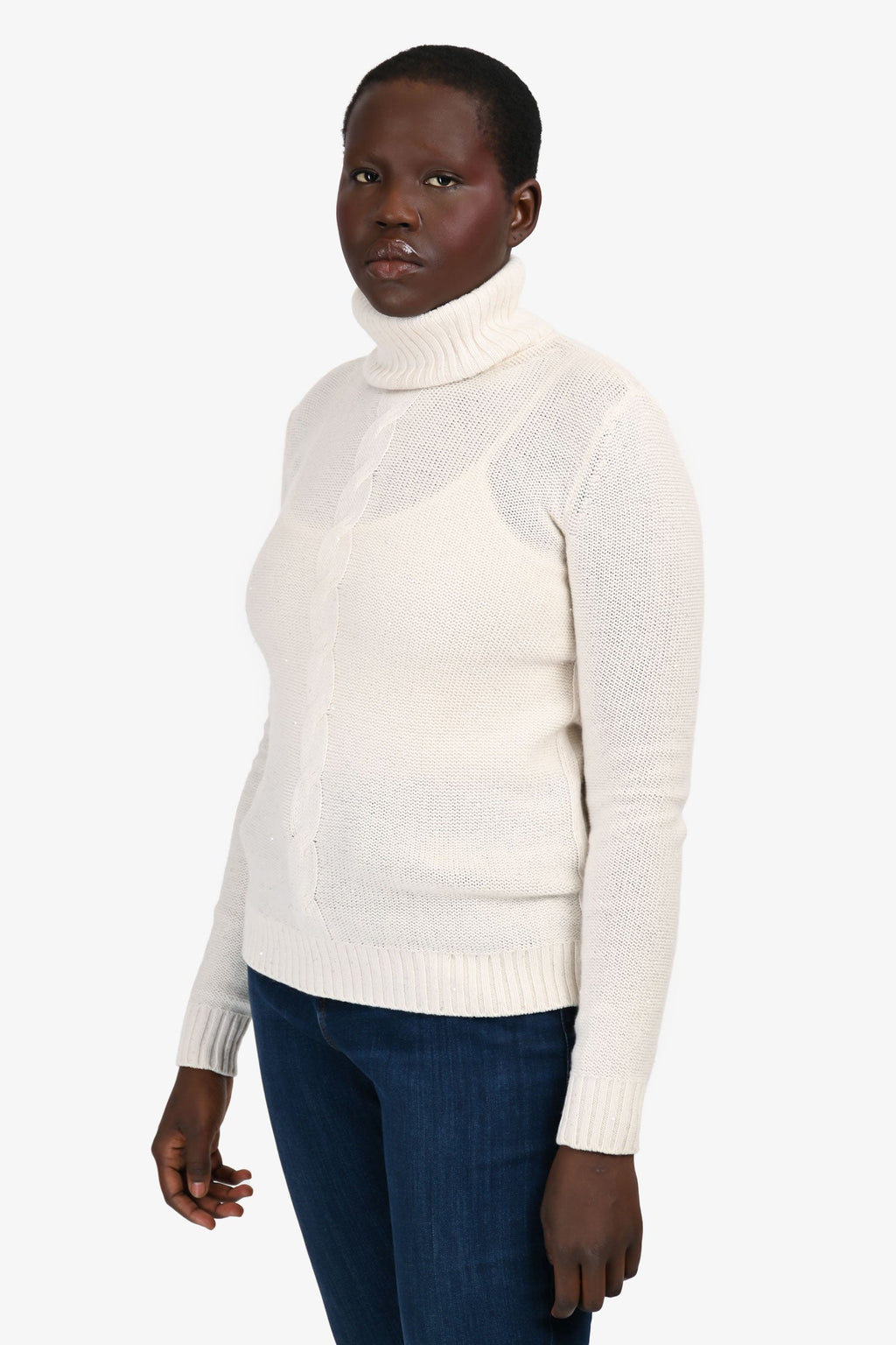 Loro Piana Cream Cashmere Sequin Turtleneck Sweater Size 44