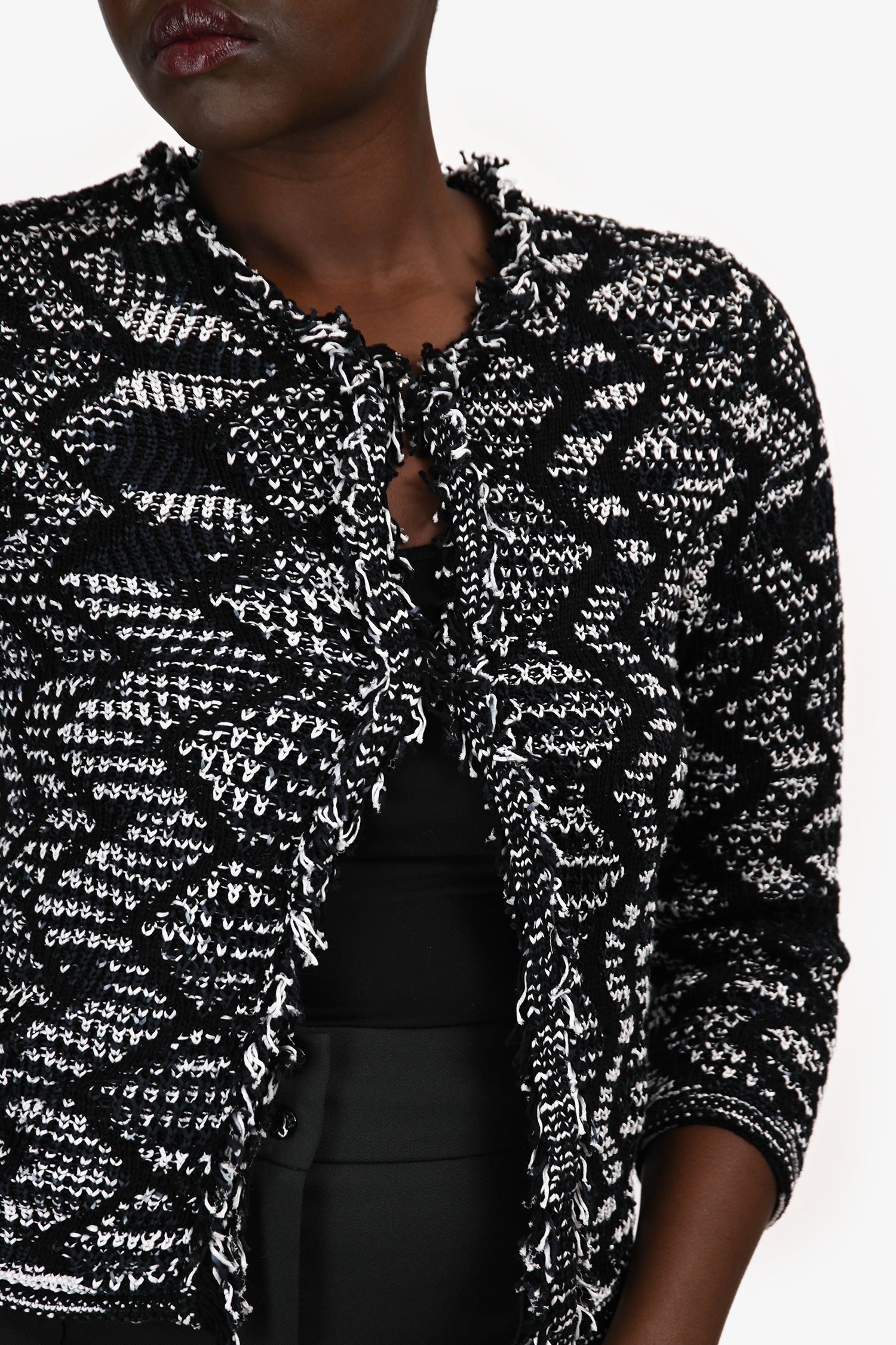 M Missoni Black/White Patterned Fringe Trim Jacket Size 46