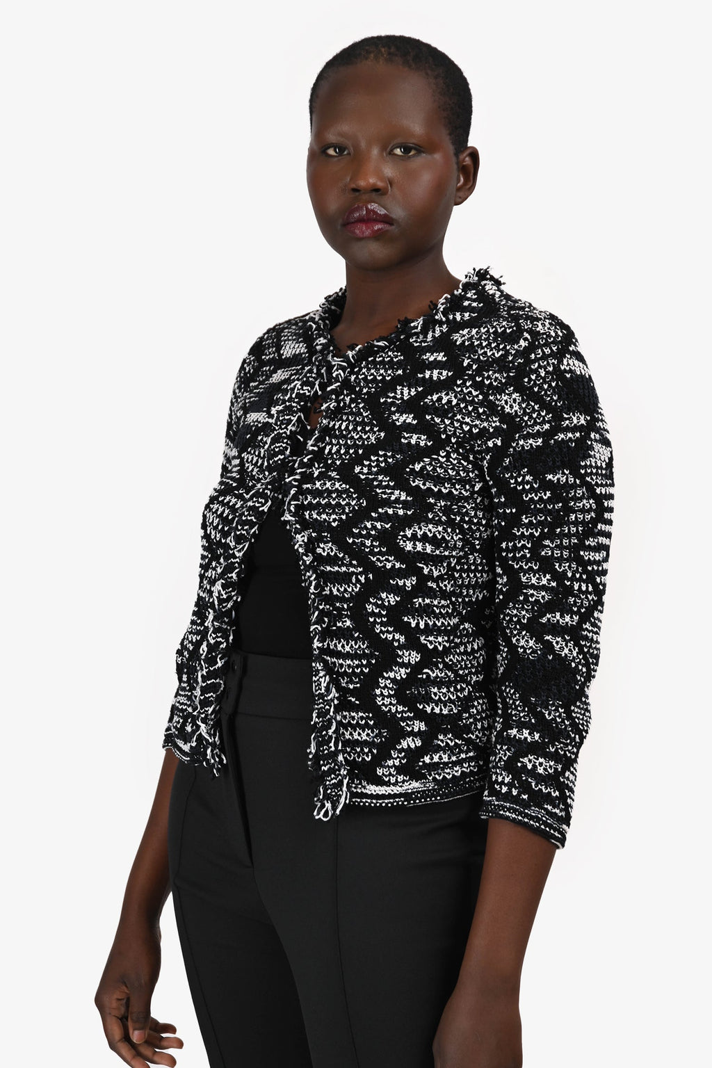 M Missoni Black/White Patterned Fringe Trim Jacket Size 46