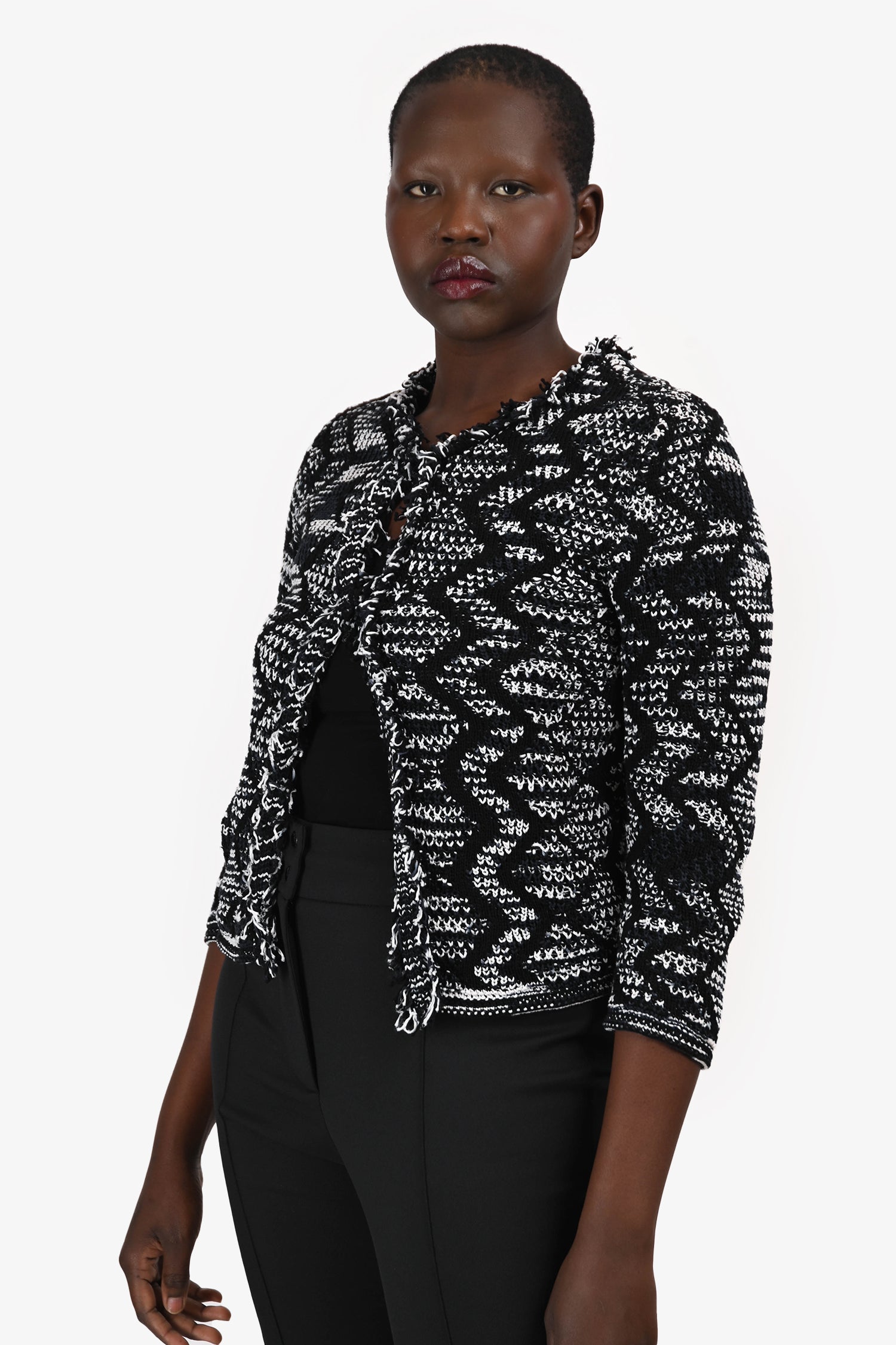 M Missoni Black/White Patterned Fringe Trim Jacket Size 46