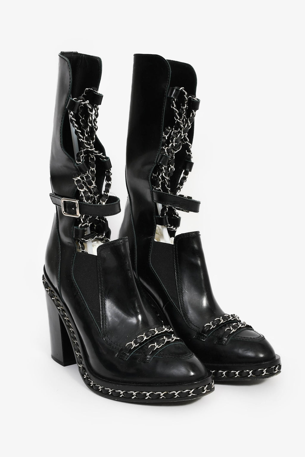 Pre-Loved Chanel™ 2013 Runway Black Leather 'Chain Obsession' Tall Boots with Leather Leg Insert Size 38