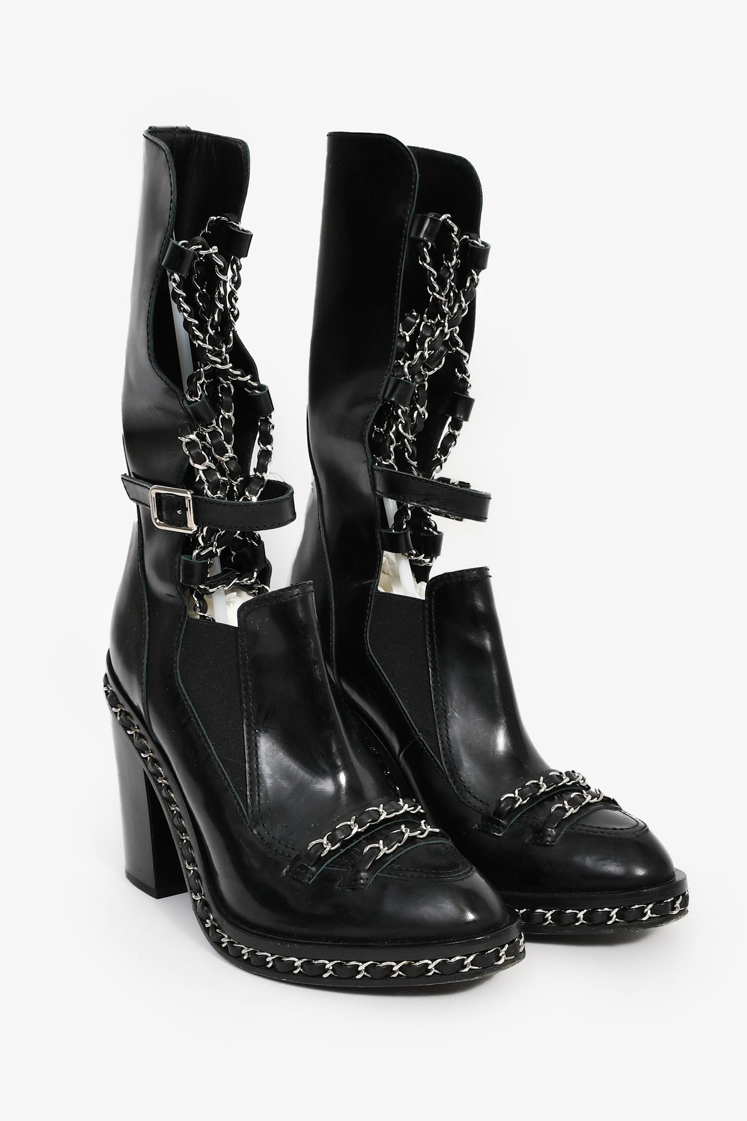 Pre-Loved Chanel™ 2013 Runway Black Leather 'Chain Obsession' Tall Boots with Leather Leg Insert Size 38